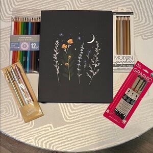 Blank Journal, Pens, and Colored Pencils